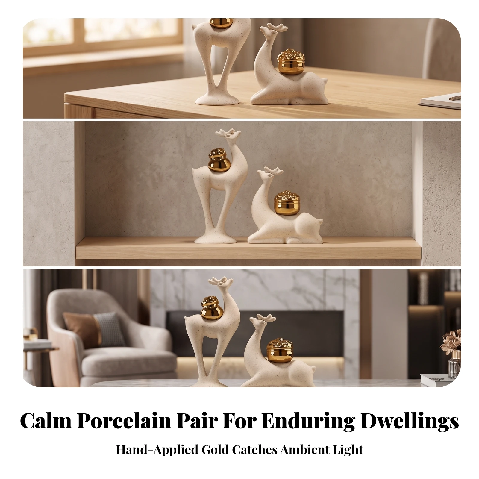 Porcelain Deer Figurines Decorative Ceramic Deer with Gold Accents Figurine Deers Smooth Glazed Artistic for Homeowners