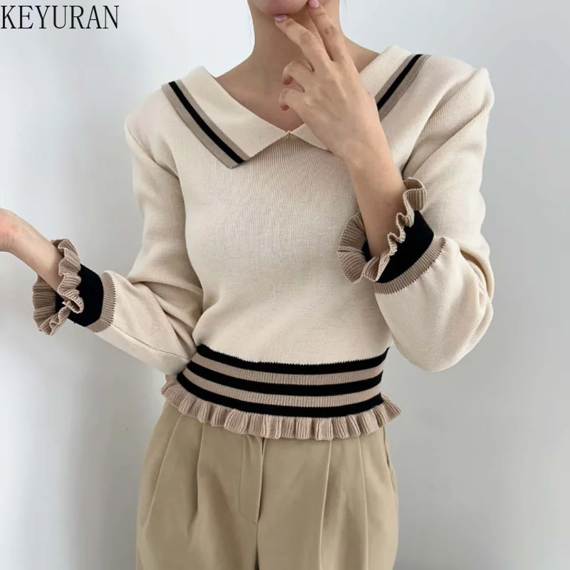 2024 Autumn Winter Sailor Collar Ruffles Pullover Sweater Women Korean Style Slim Long Sleeve Knitted Crop Tops Y2k Mujer Jumper