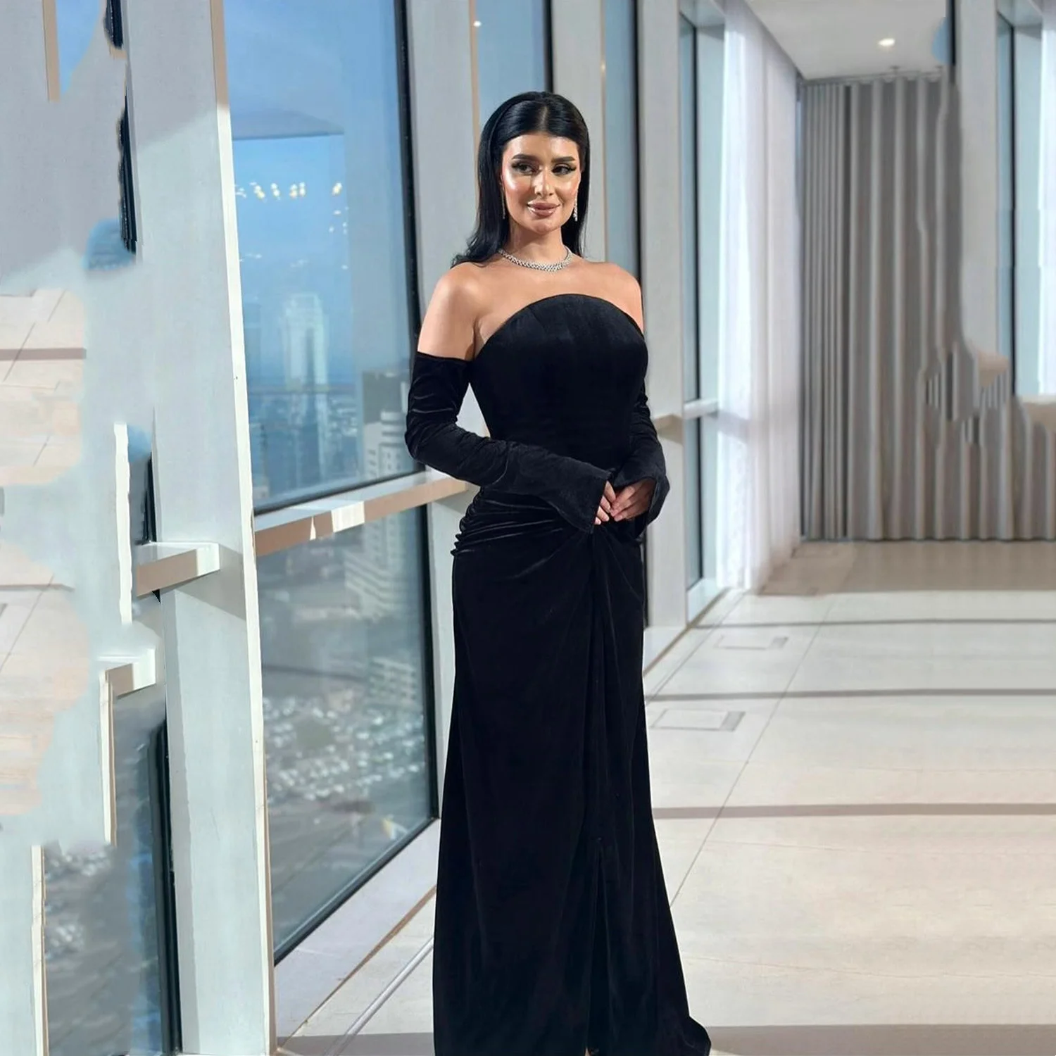 فساتين Loretta Velvet النسائية للمناسبات الخاصة، فستان سهرة نسائي من Soirée بأكمام طويلة مخصص حورية البحر باللون الأسود #1