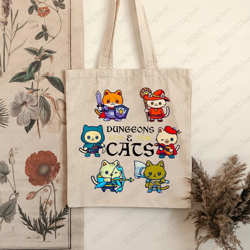 Dungeons and Cats Pattern Tote Bag Kawaii Cat Canvas Shoulder Bags for Travel Daily Commute Women\'s Reusable Shopping Bag