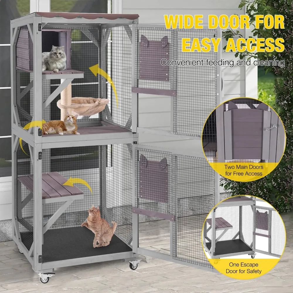 Catio Outdoor Cat Enclosure Wooden Cat Cage with Window Access Large Kitty House on Wheels 62.4’’ Indoor Patio
