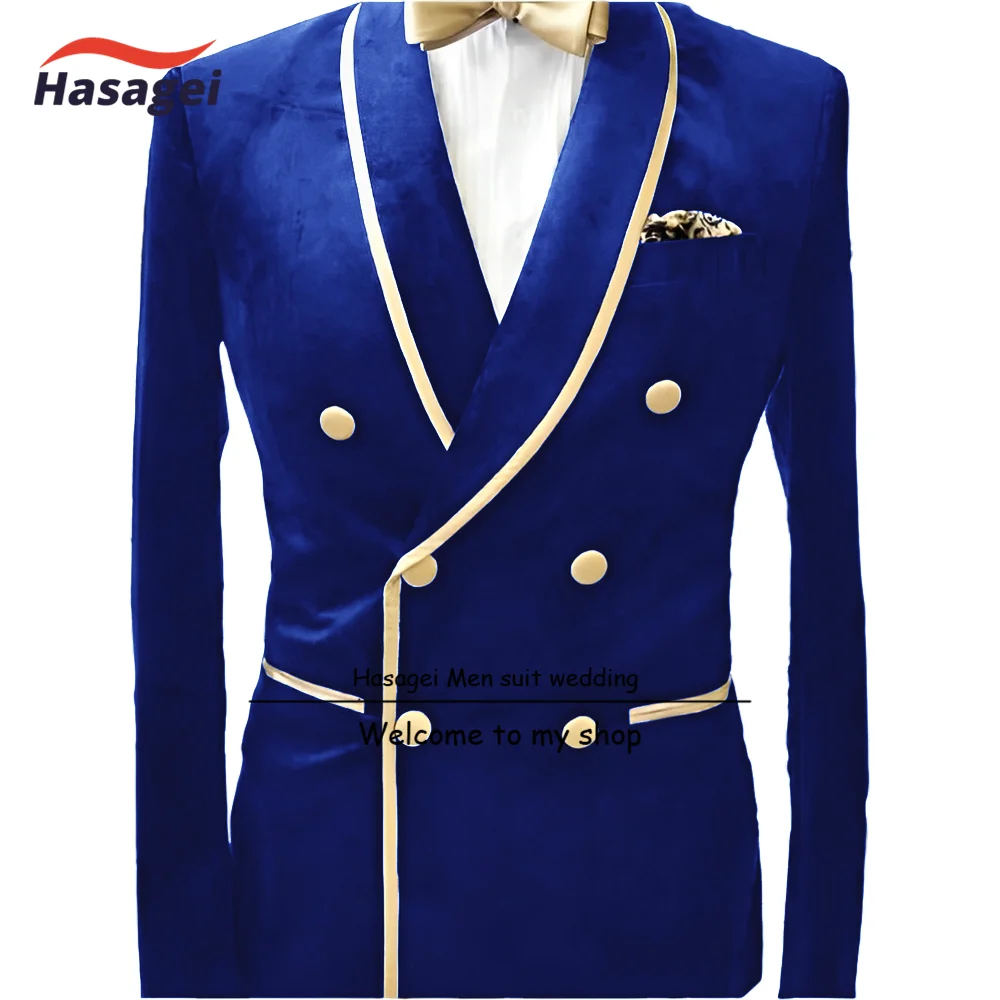

Royal Blue Velvet Men's Double Breasted Suit 2 Piece Set Gold Collar Wedding Groom Tuxedo XS-5XL Custom Blazer