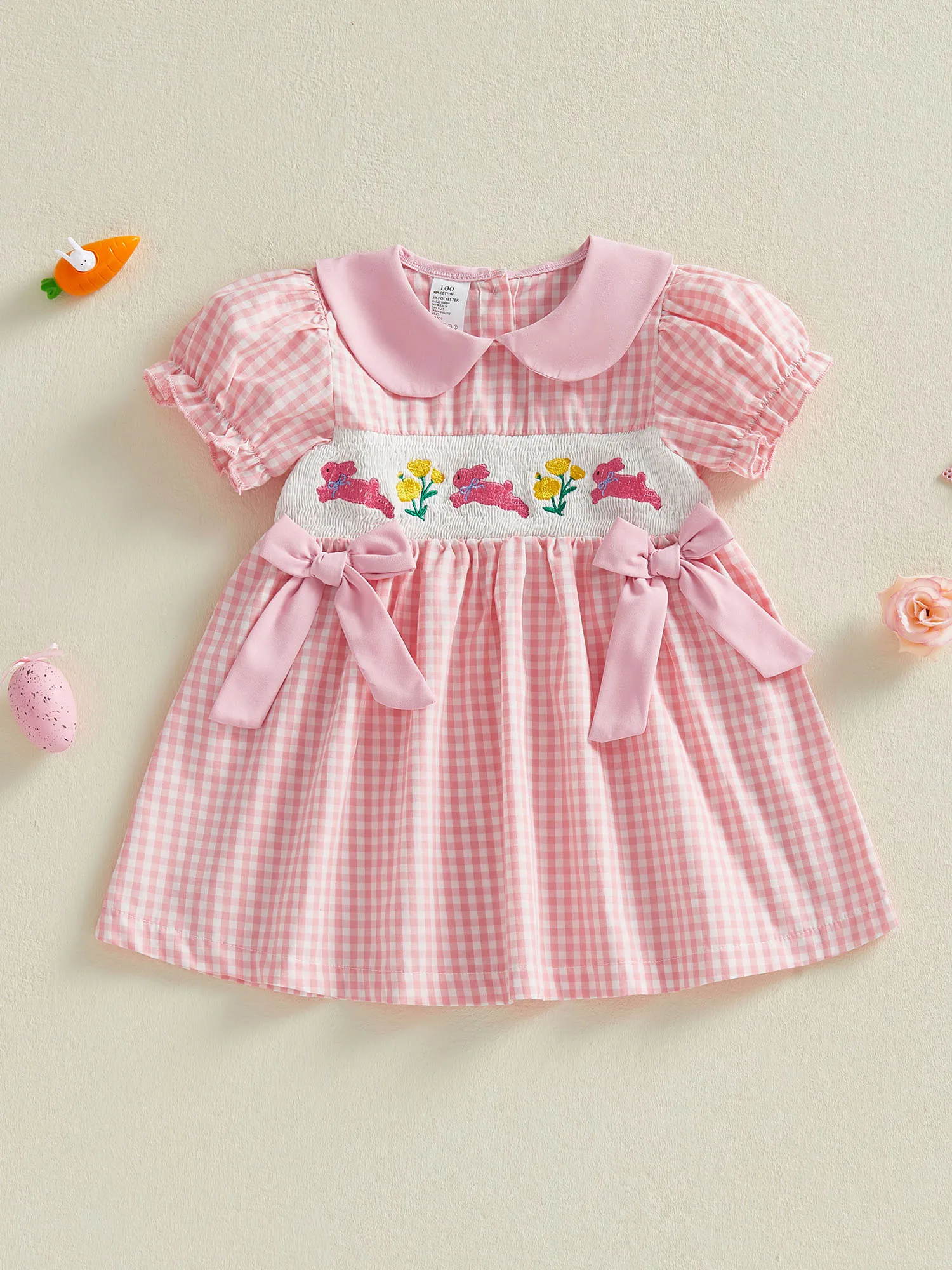 فستان عيد الفصح للفتيات بطبعة زهور بدون أكمام وياقة مكشكشة فستان صيفي مع حزام فيونكة ومجموعة عصابة رأس متطابقة #5