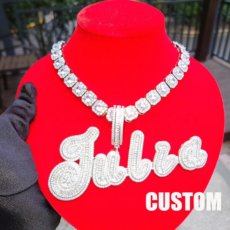 Customized Big Brush Cursive Iced Out Name Pendant  Word Necklace With Rhinestone Baguettes Chain Hip Hop Jewelry