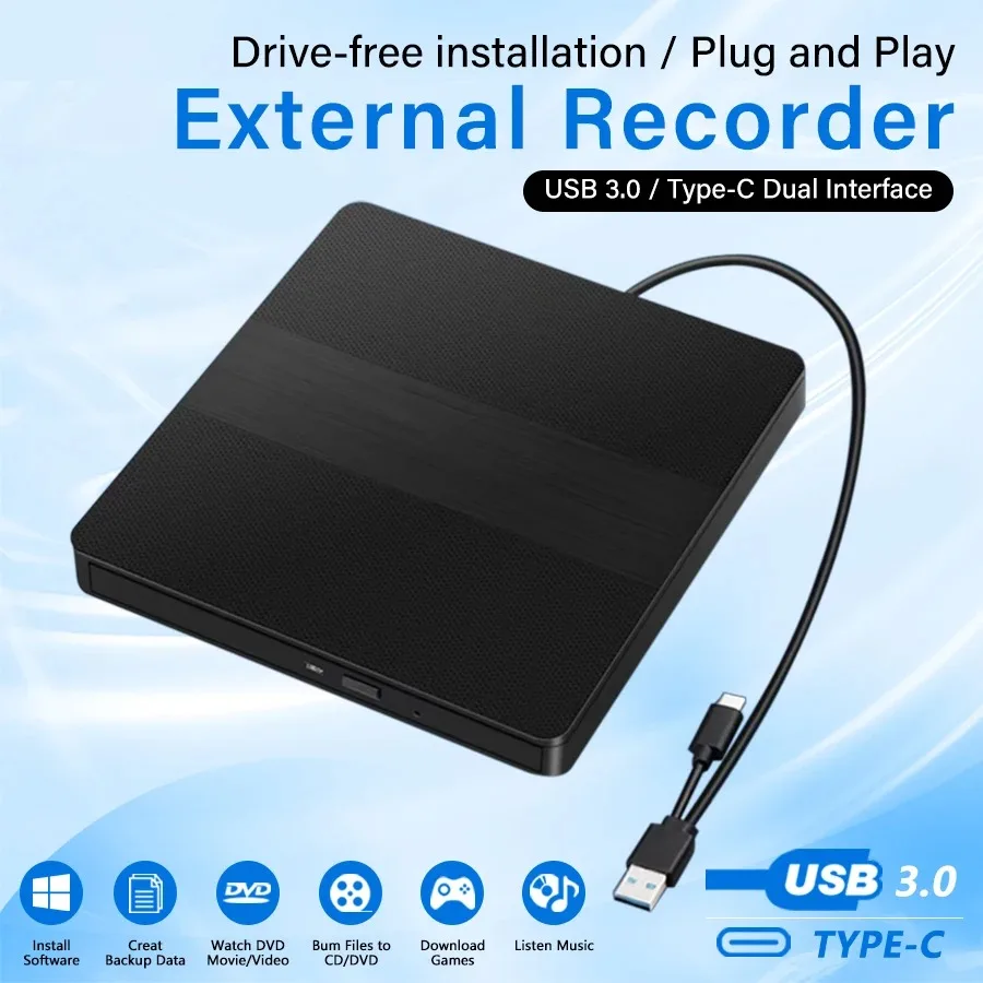 

2-в-1 USB3.0 Type-C Внешний DVD-RW Привод для записи компакт-дисков Считыватель-плеер CD-ROM DVD-ROM Оптические привода для ноутбуков Настольный ПК