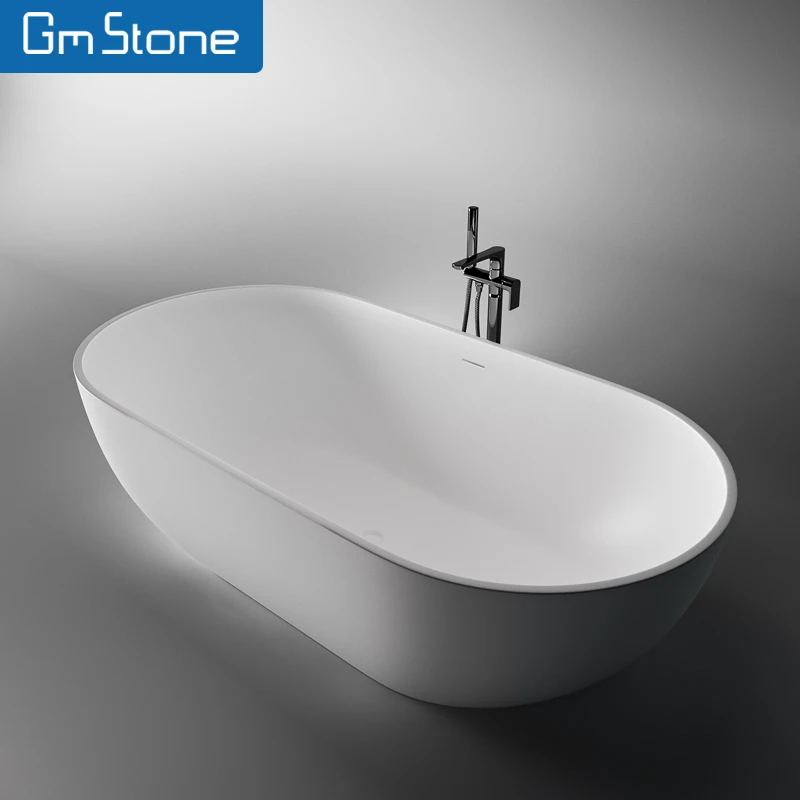 GeMei Modern Freestanding Resin Solid Surface Bathtub Eco-Friendly Clear Hot Spa Drainer Center Drain Soaking Function Bathroom