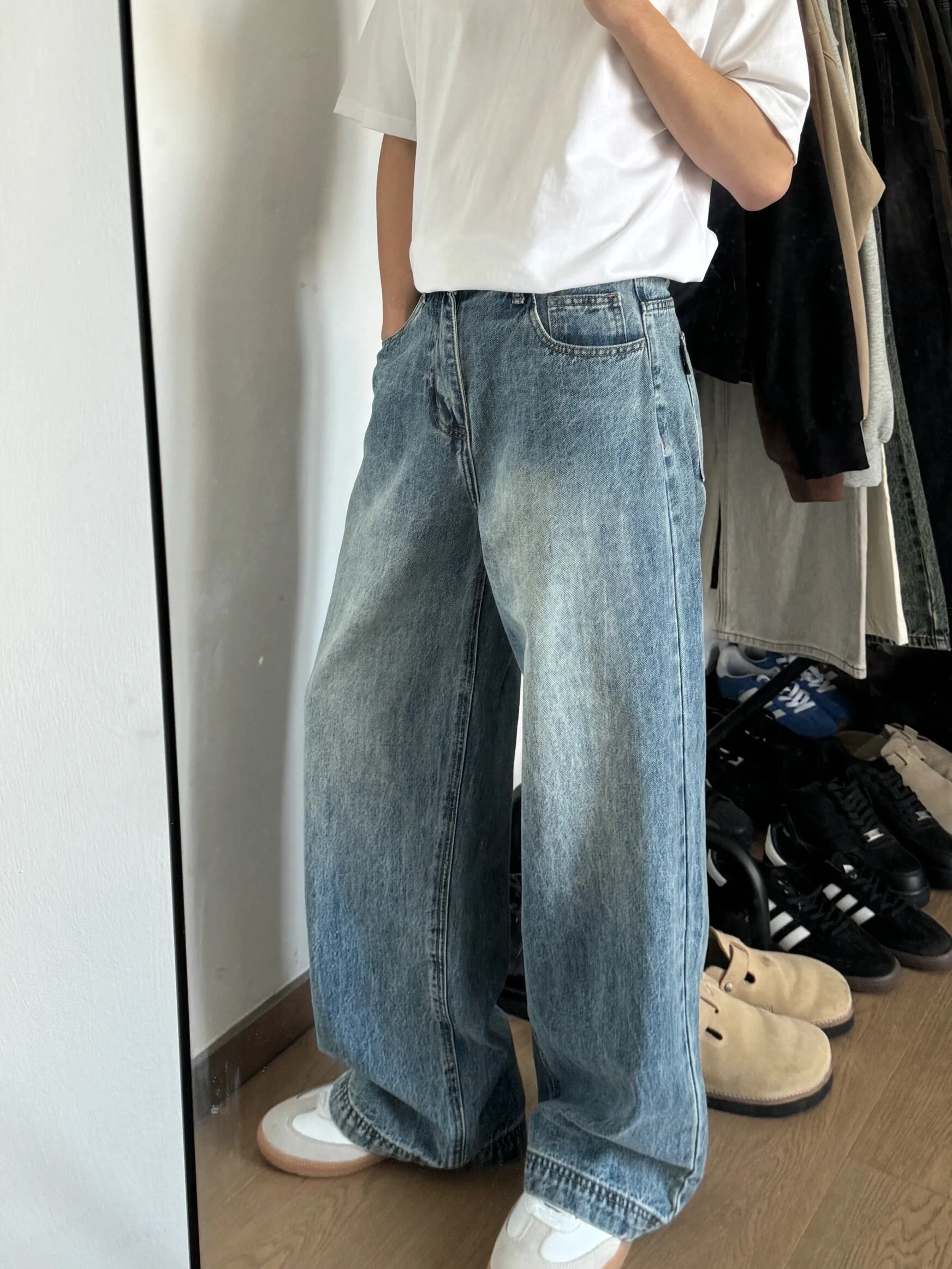 

Синие широкие мужские джинсы в американском стиле ретро, повседневные прямые свободные длинные брюки Cleanfit, модные брендовые молодежные всесезонные брюки