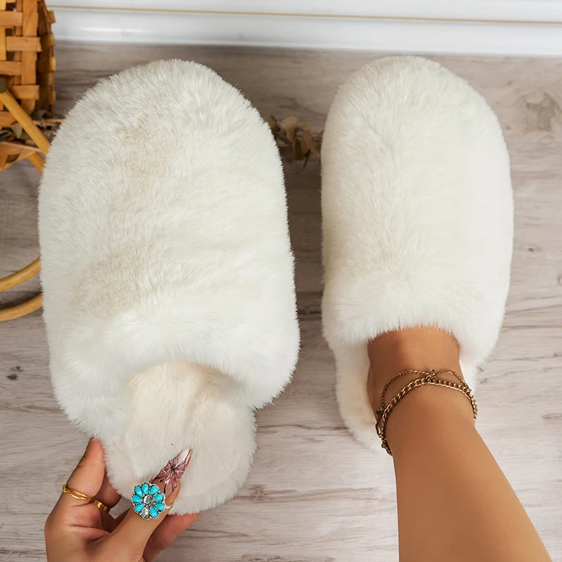 

2025 Winter Beige Fluffy Fuzzy Slippers Women Comfortable Warm Home Cotton Slippers Woman Indoor Non Slip Flats Plush Slides