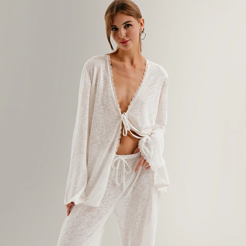 Ensemble de pyjama cardigan Fjadt blanc à manches longues, vêtements de nuit d'automne, vêtements de maison, 2 pièces