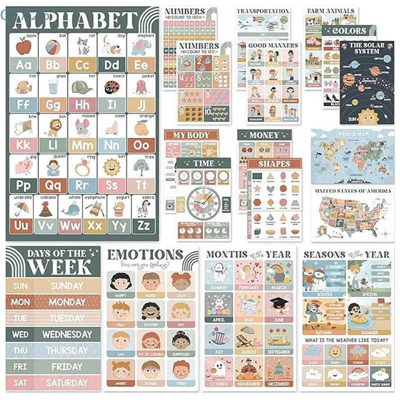 18 Modern Boho Educational Posters For Preschoolers - Laminated Pre-K And Kindergarten Learning Poster Charts For Toddlers