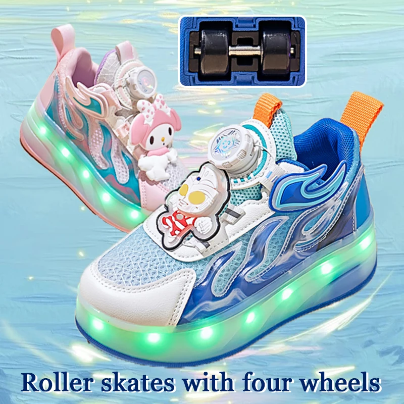 Patins à roulettes multifonctionnels pour enfants, chaussures de sport à boucle rotative non ald, chaussures de roue à 4 roues, extérieur