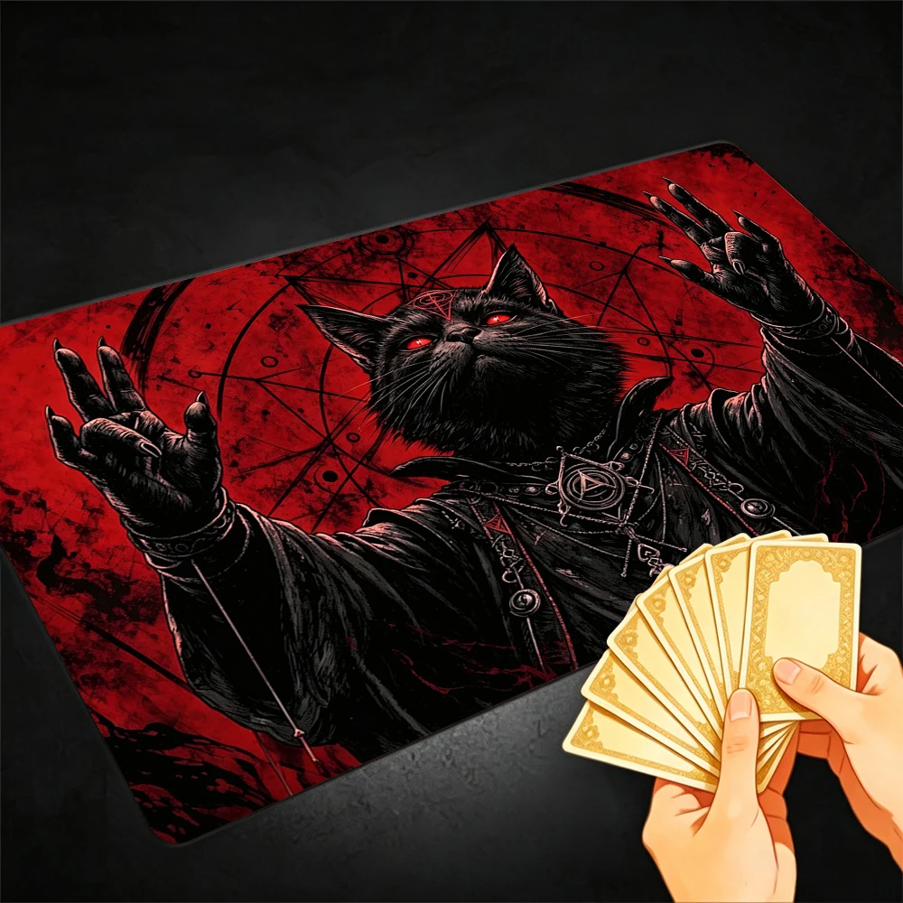 Mysterious Black Cat Wizard TCG Playmat Magic Playmat with Stitched Edge Anti-slip base Gathering Gaming Mat Trading Card Game