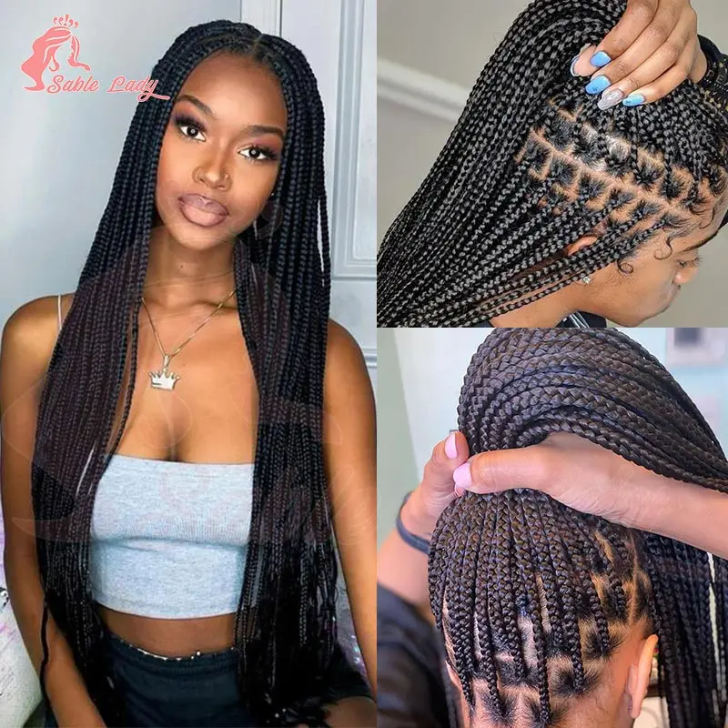 36-дюймовые синтетические полные кружевные косички без узлов, косички для чернокожих женщин, афро-богиня, плетеный парик ручной работы