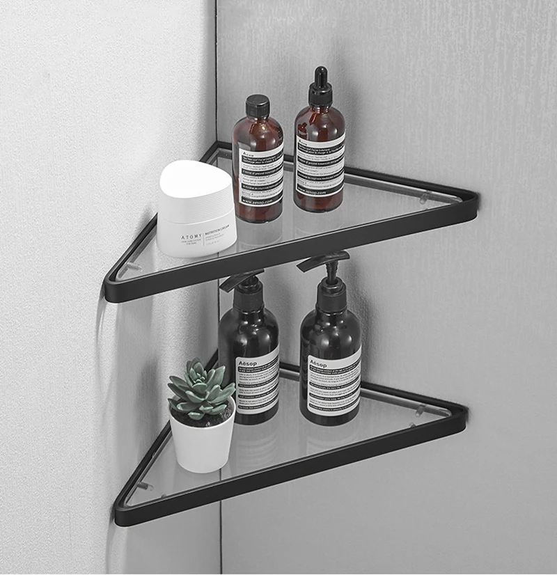 Nickel/Black Bathroom Corner Rack 304 Stainless Steel Shower Room Glass Shelf Wall-mounted Bath Storage Rack Triangle Rack