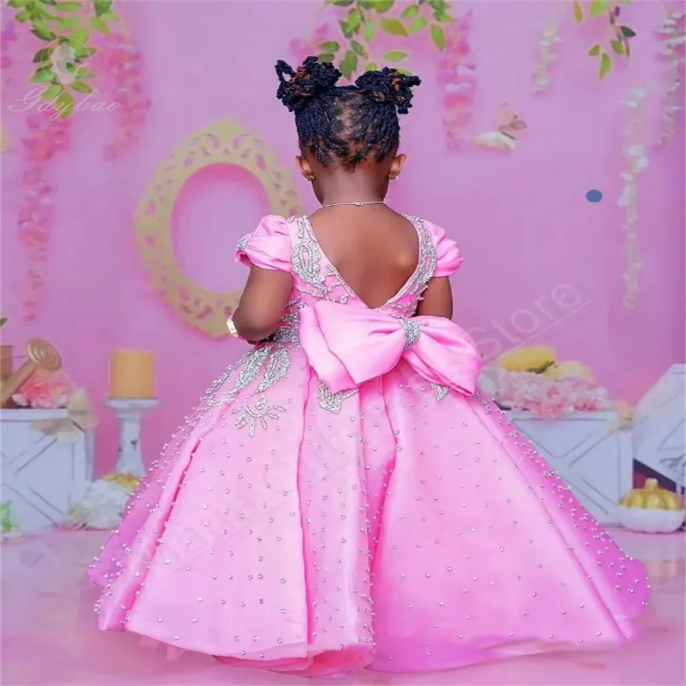 Roze bloemenmeisjesjurk met kralen Eerste kerstjurk Bruiloftsfeestoutfit فساتгаут MohamedéesП кла__