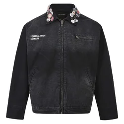 Men's Fashion Vintage Hip Hop Jeans Jacket With Badges High Streetwear Retro Denim Coat Outerwear For Male