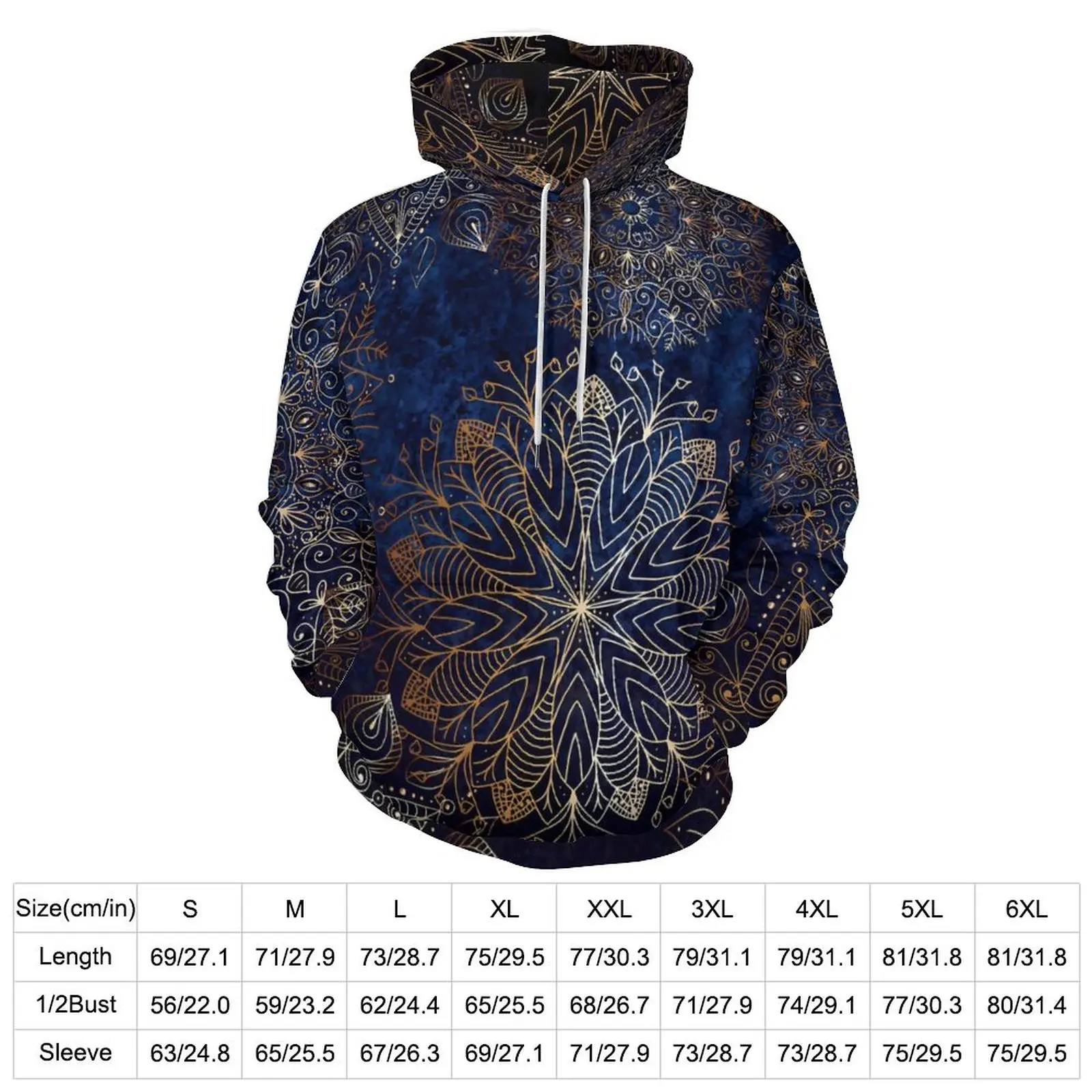 Floral Mandala Loose Hoodies Gold and Blue Kawaii Hoodie Man Long Sleeve Oversize Street Style Graphic Tops