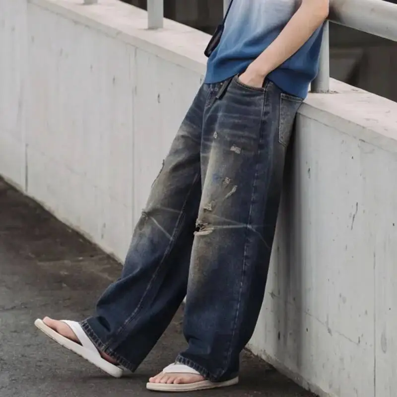 Vintage Distressed Wide Leg Curved Men's Baggy Jeans Loose Summer Design Spray Painted Splatter Denim Long Pants QBBT