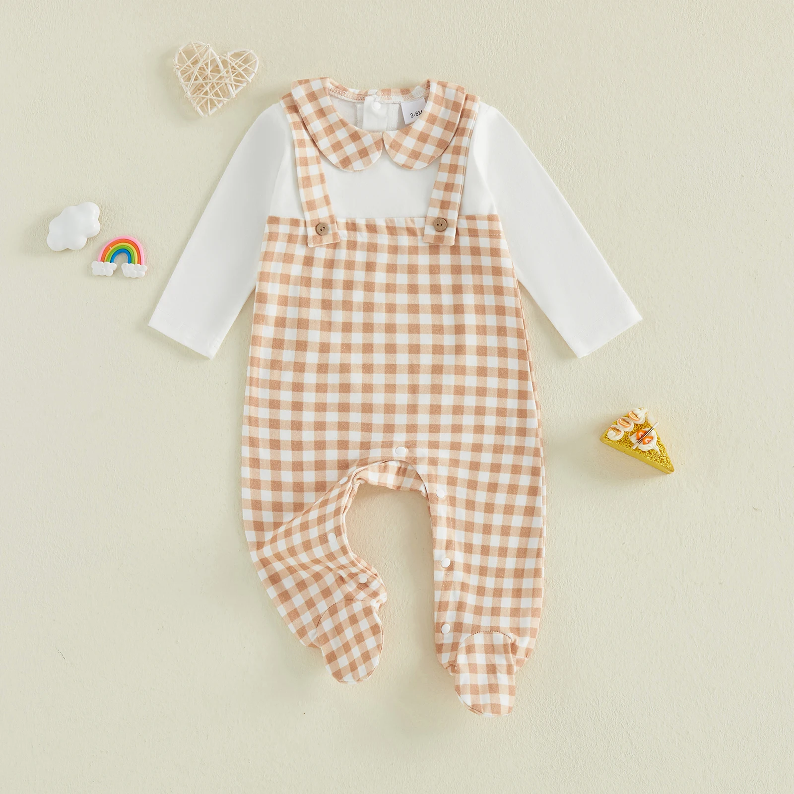 0-6months Preemie Newborn Girl  fashion casual Romper Plaid Fake Two-Piece Long Sleeve Footed Jumpsuit