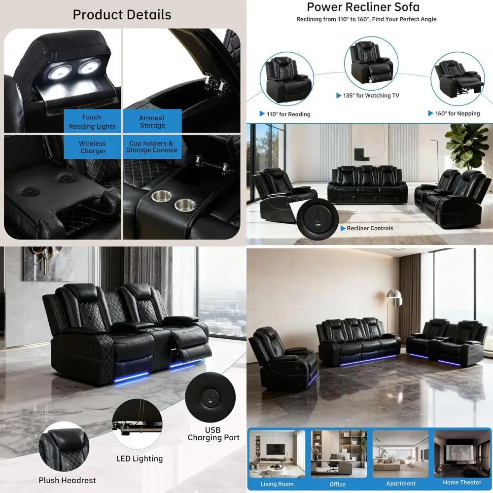 

3-Piece Black Leather Reclining Sofa Set with LED Lights for Home Theater Living Room