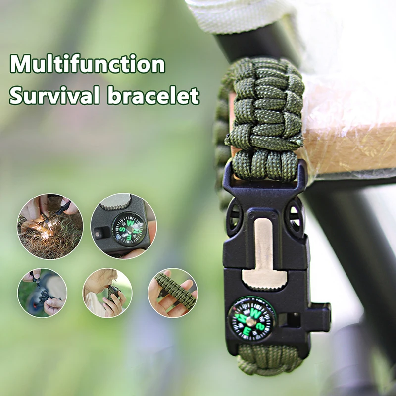 5 In 1  Outdoor Survival Bracelet Multi-function Camping Rescue Bangles Compass Fire Rod Whistle  Scraper