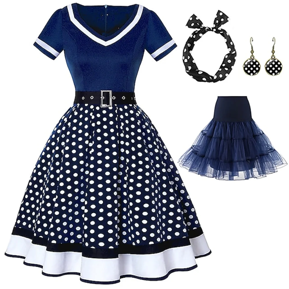 4 Stk/set Vintage 1950 Rockabilly Feestjurk Met Onderrok Tutu Rok Stud Klassieke A-Lijn Hepburn Wind Vrouwen Avondjurk