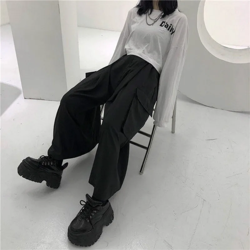 Cargo Pants Women Couple Ins Harajuku Spring Autumn Japanese Style Loose Casual Streetwear Pockets BF Full Length Black Elastic