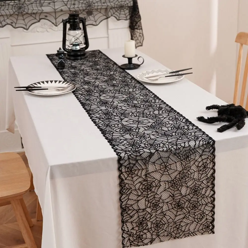 

Black Color Halloween Table Runner Long Length Lace Material Black Lace Table Runner Gothic Style Spider Web Table Runner
