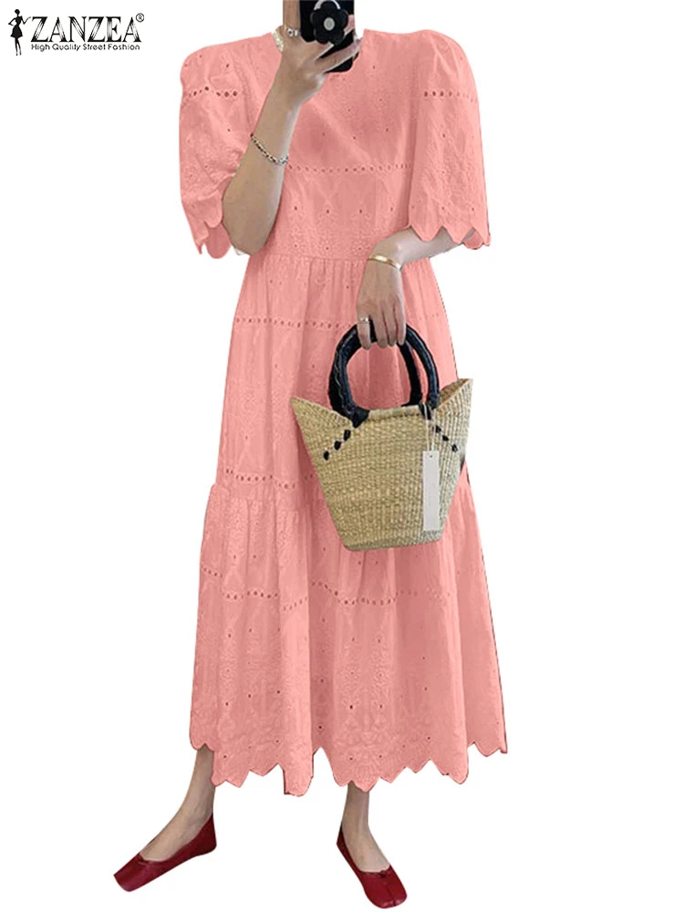 ZANZEA Stylish Summer Dress Women Elegant Casual Holiday Party Dresses Embroidery Sundress Bohemain O Neck Short Sleeve Vestidos