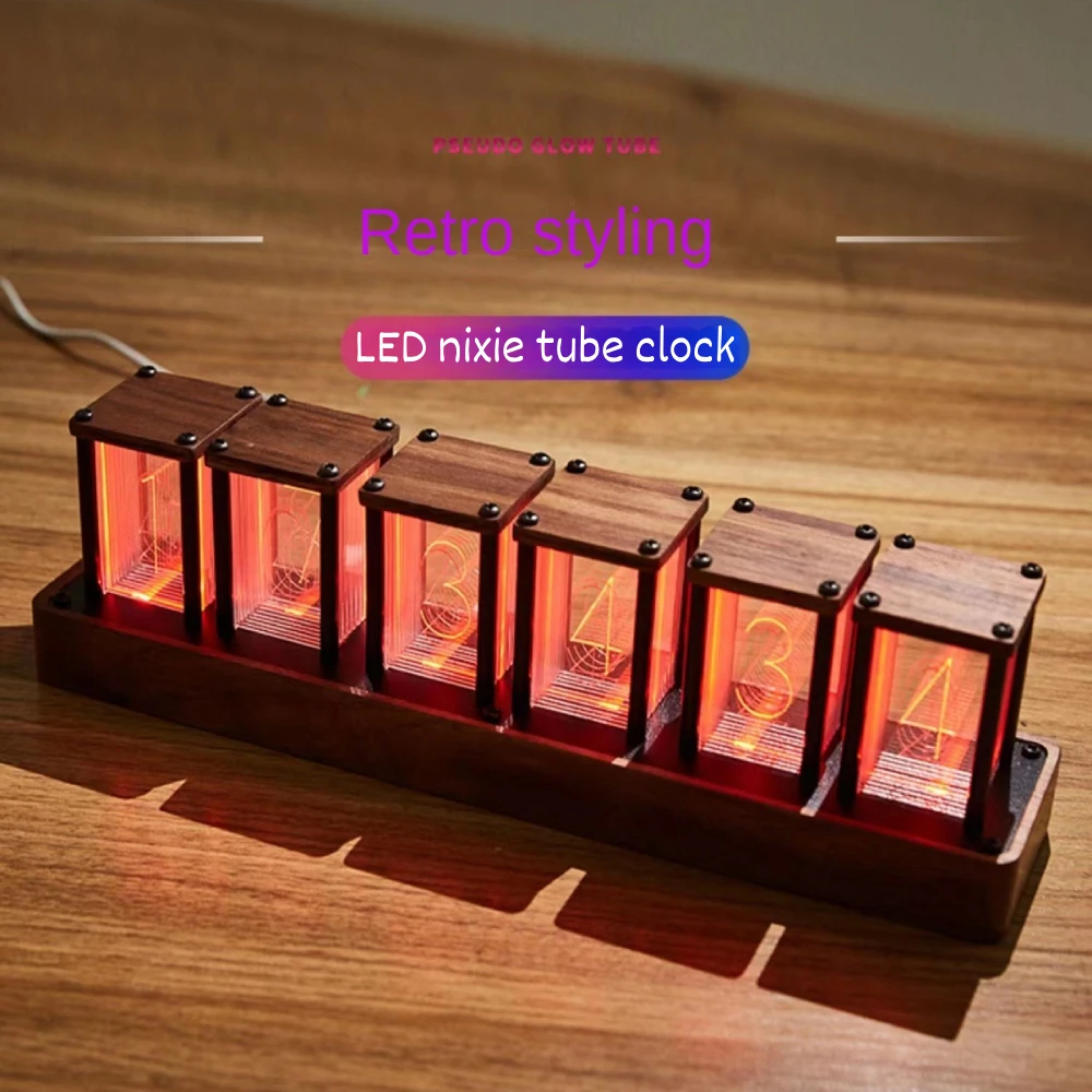 Colorful Nixie Tube Clock LED Desktop Clock Color Changing Glow Tube USB Powered Digital Alarm Clock Bedroom Decor