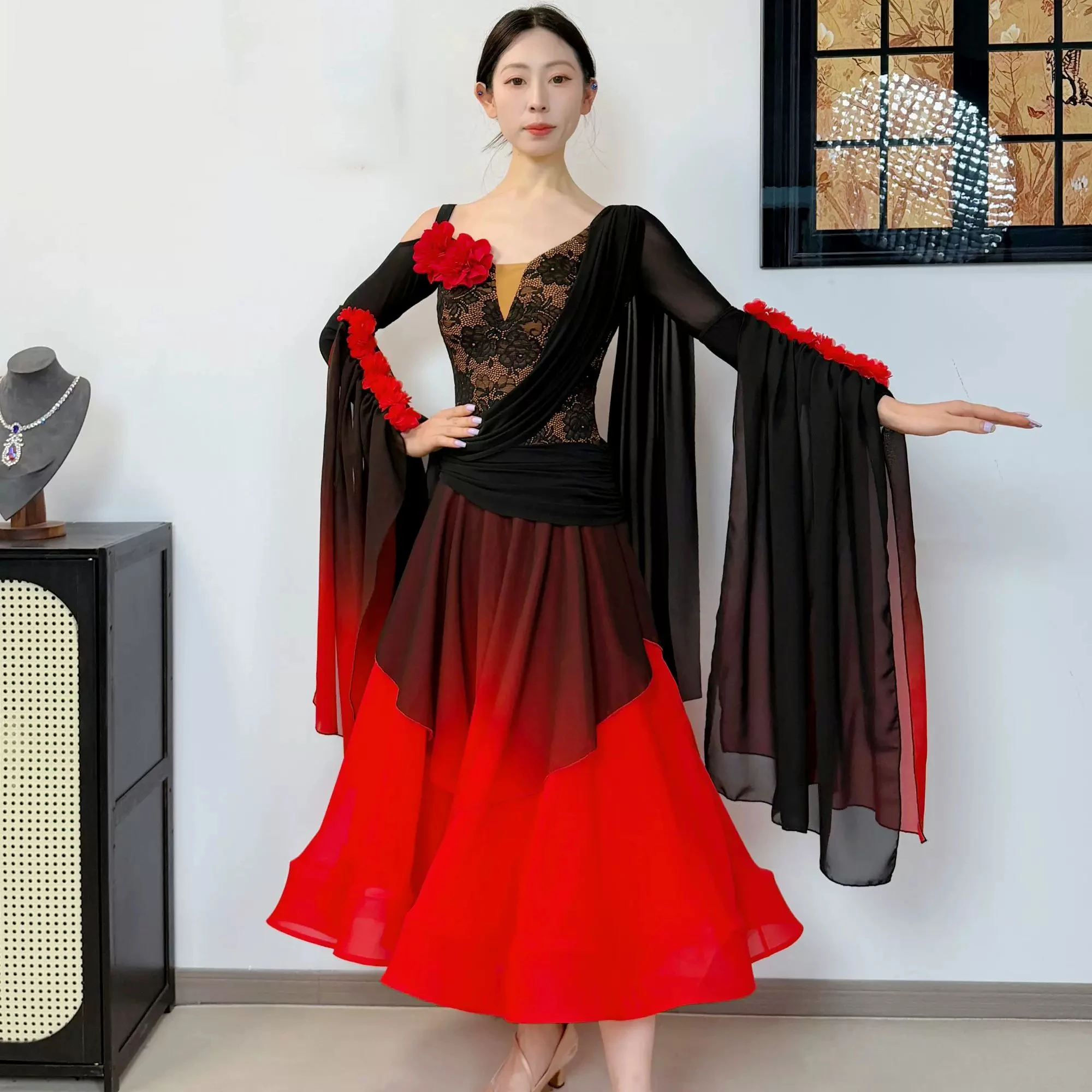 Lace Gradient Big Swing Dress Waltz Ballroom Dance Dress Modern Clothes National Standard Dance Women Performance Wear DN24625