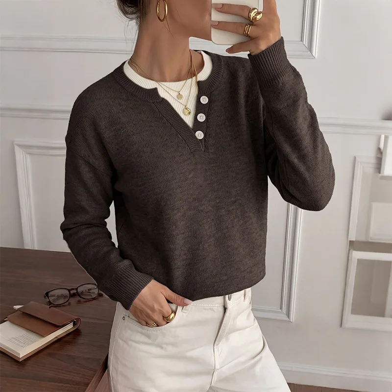 MsChuh Women's Pullovers 2026 Autumn/Winter New Style Round Neck Solid Color Button Contrast Splicing Fake Two Piece Sweaters 6