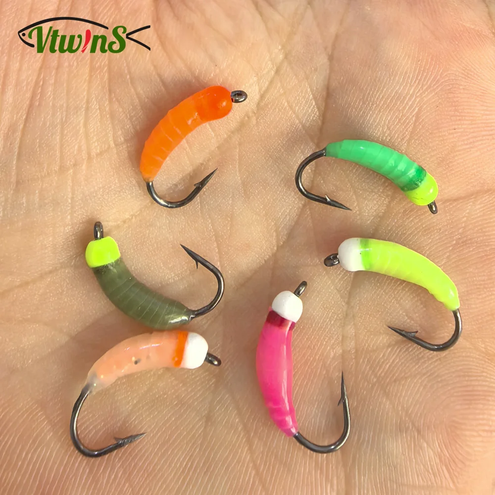 Vtwins 4 pesca no gelo luminosa latão grânulo cabeça ninfa bug worm mosca caddis larva iscas de insetos afundamento rápido truta iscas pesca