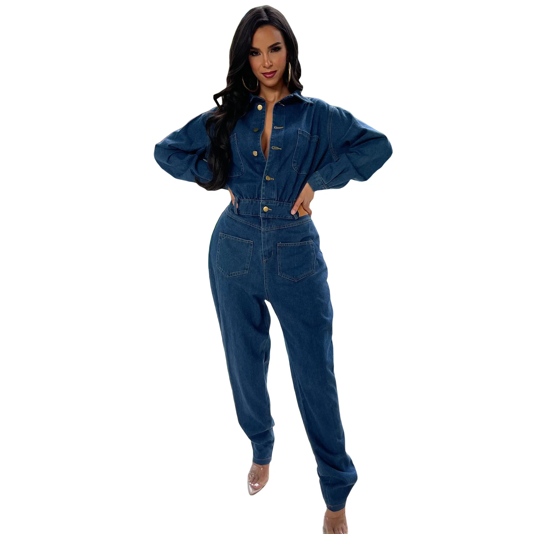 Fashion Slim Fit Stretch Wash Denim Jumpsuit