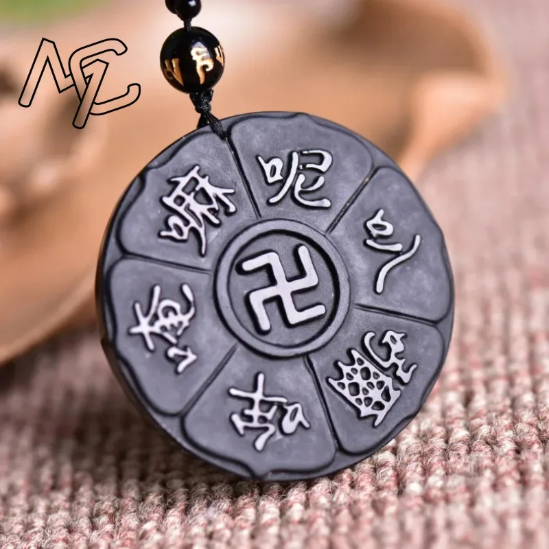 Natural Obsidian Buddhist Scripture Pendant Necklace Man Exquisito Jewellery Fashion Accessories Hand-Carved Luck Amulet Gifts
