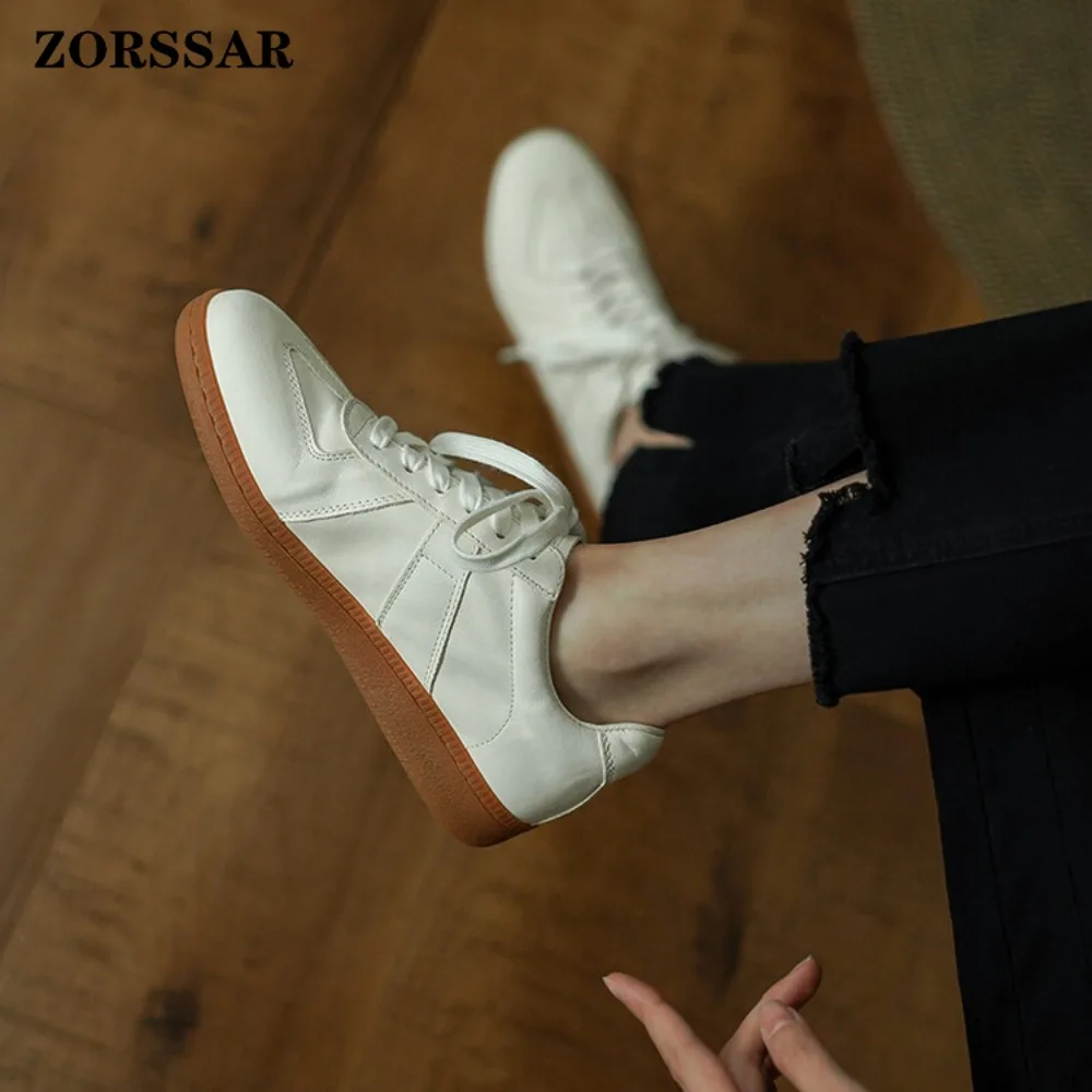 Womens Classic Leather Sneakers Minimalist Low-Top White Shoes with Gum Sole Casual Retro German Trainer Style for Daily Commute