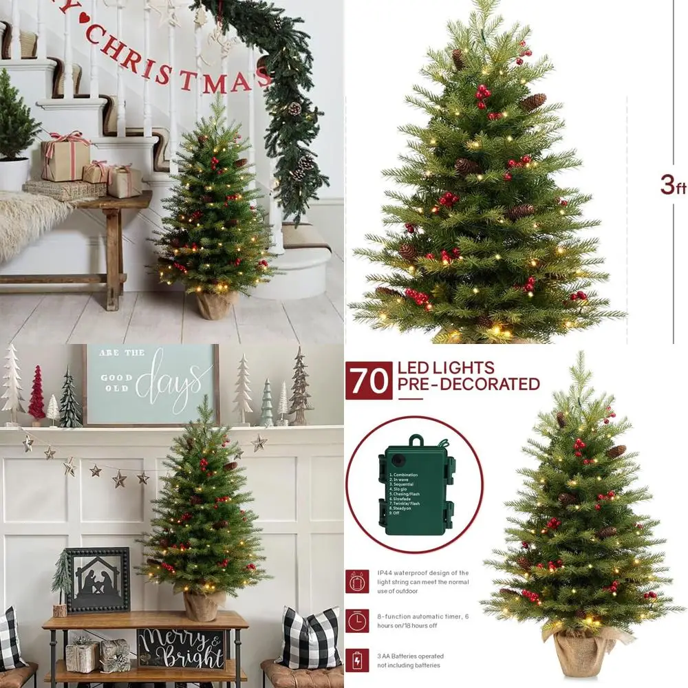 

3-Foot Pre-Lit Mini Christmas Tree with 70 LEDs, Realistic Nordic Spruce, and Cement Burlap Base