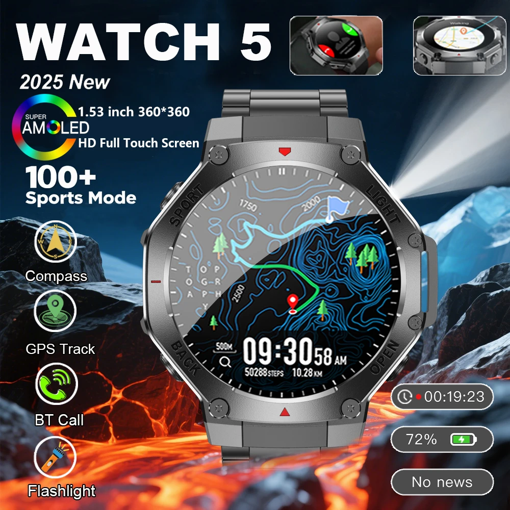 

Новые часы 5 Pro, умные часы для мужчин, AMOLED-экран, GPS, траектория движения, пульс, Bluetooth, вызов, умные часы, водонепроницаемые