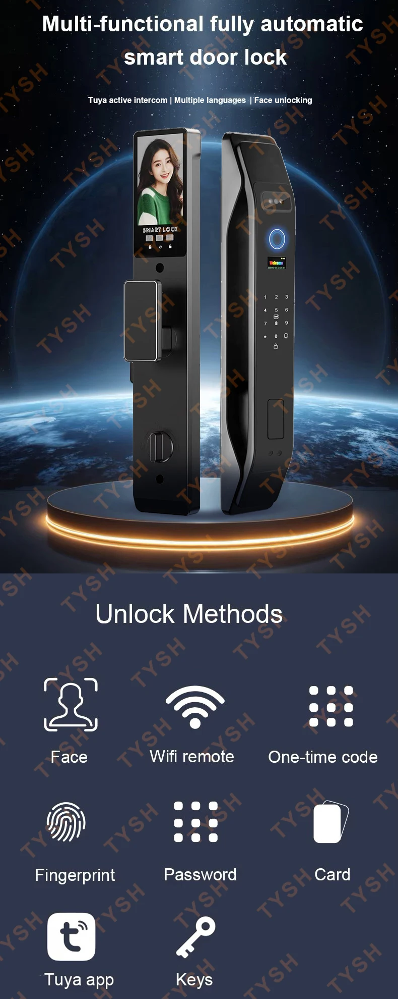 TYSH Smart Lock Keyless Entry Wifi & Face Recognition Control Intelligent Main Door Lock with Display Screen