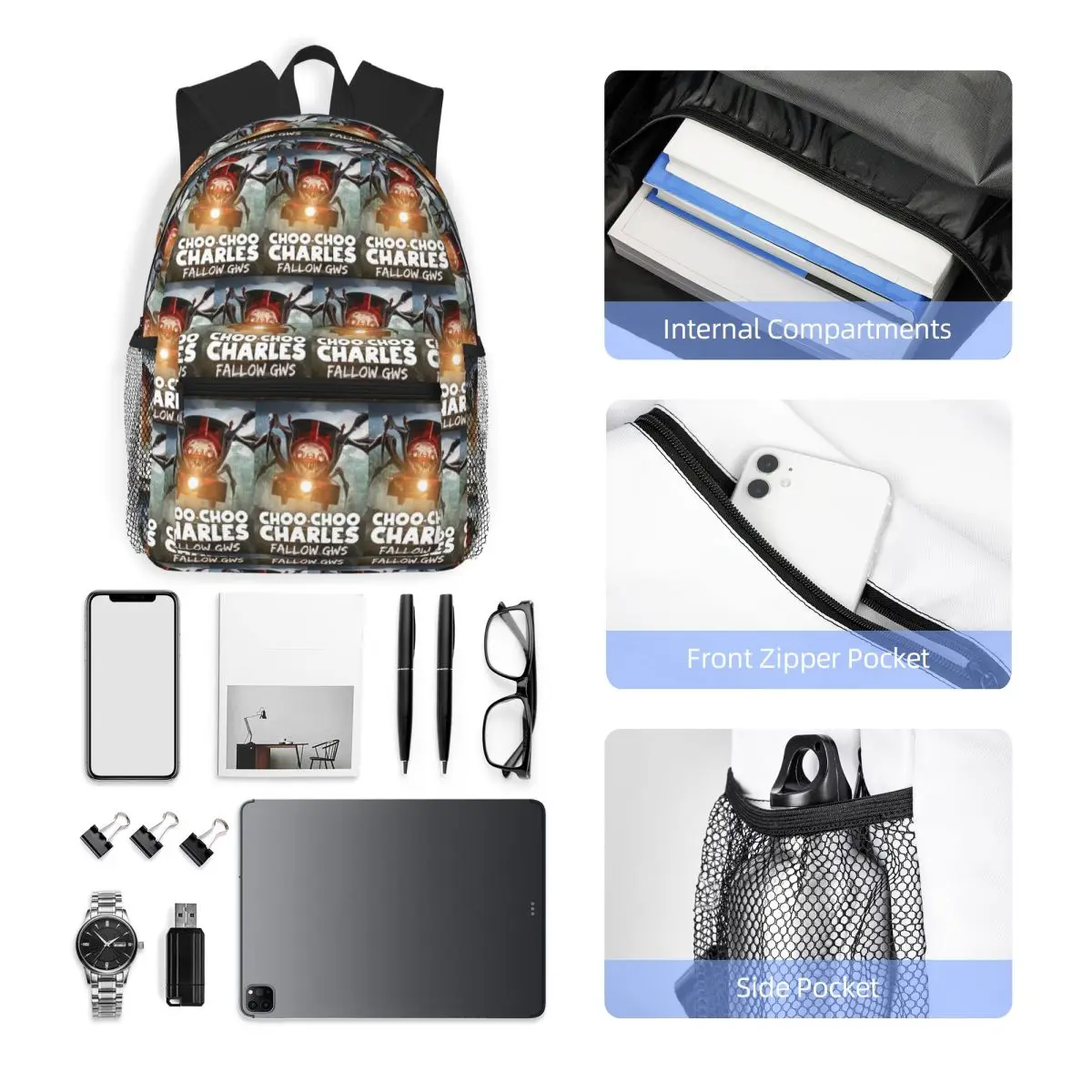 Permainan Horor Choo-Choo Charles Ransel Pelajar Tas Sekolah Tas Travel Hiking untuk Anak Laki-laki Perempuan Tas Buku Fashion Tas Bahu