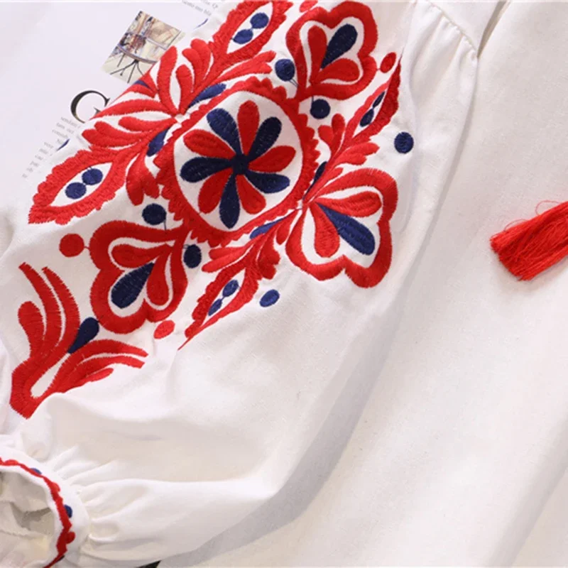 Women\'s Retro Blouse National Style Embroidered Lace-Up Tassel V-Neck Lantern Sleeve Tops Loose All-Match Female Blusa PL536