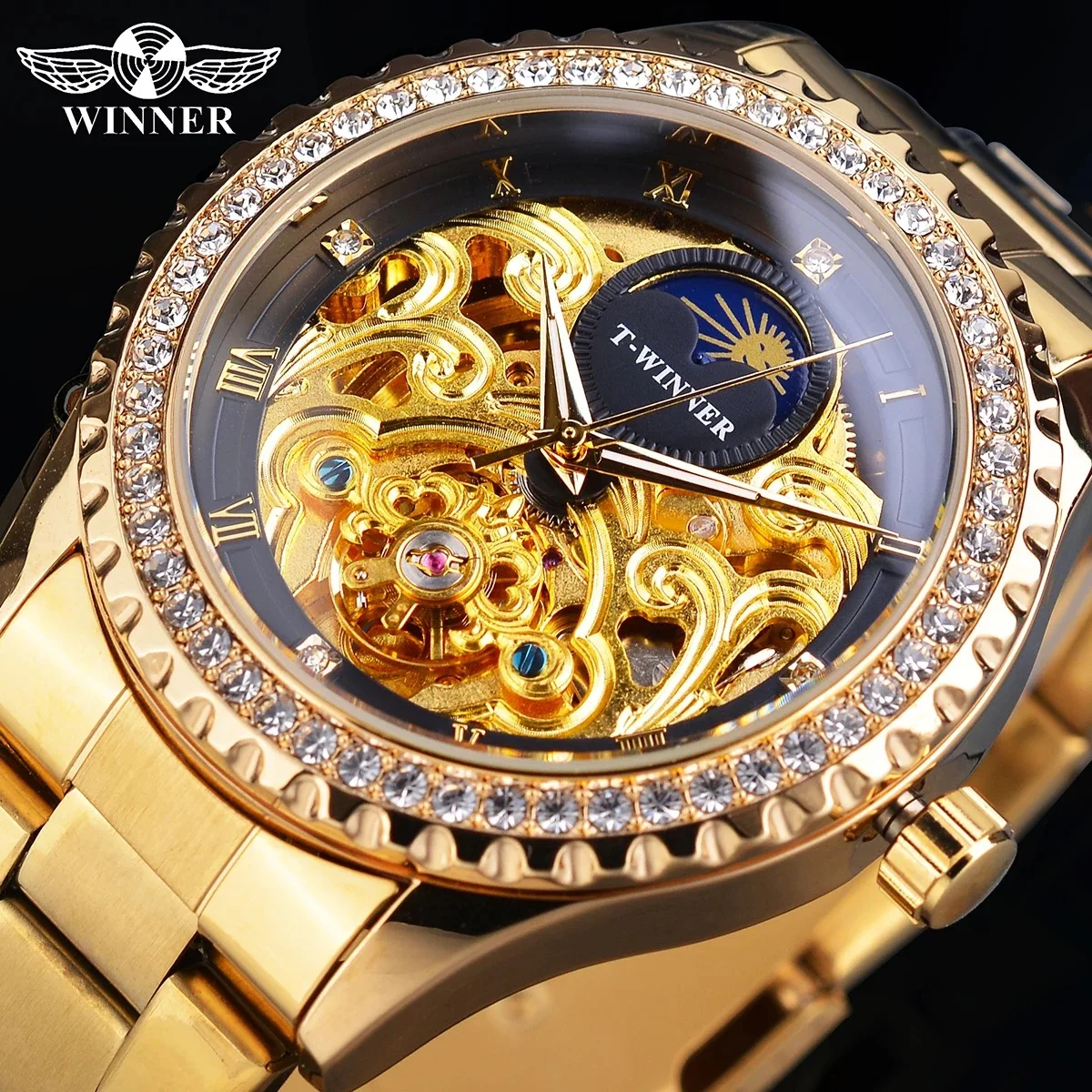 Winner 1230 New Luxury Automatic Mechanical Watch Sun Wheel Men Fashion Hollow Tourbillon Water Diamond Machinery Watche for Man
