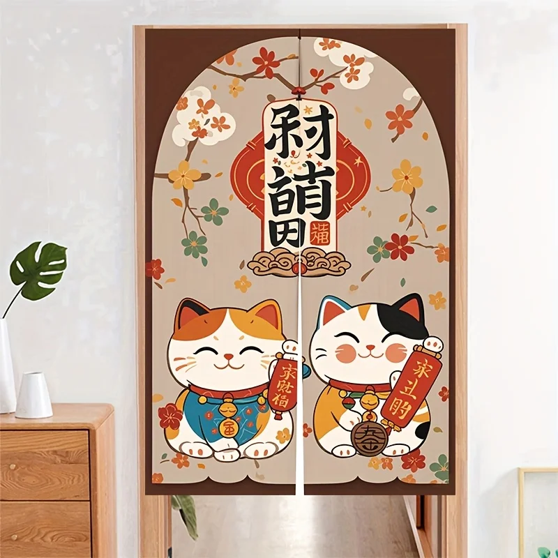 Japanese Noren Door Curtain Two Fortune Cats Holding Chinese New Year Scrolls for Festive Decor Celebrations
