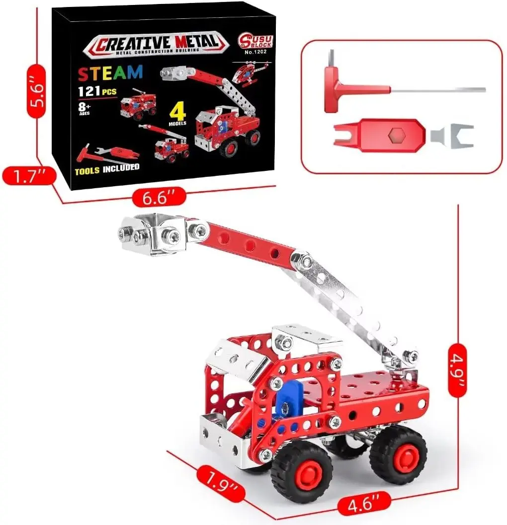 Brinquedos de construção de haste para meninos de 8 a 12 anos, conjuntos criativos, kit de modelo de série de caminhões de bombeiros, brinquedos de montagem de blocos de construção de metal para crianças