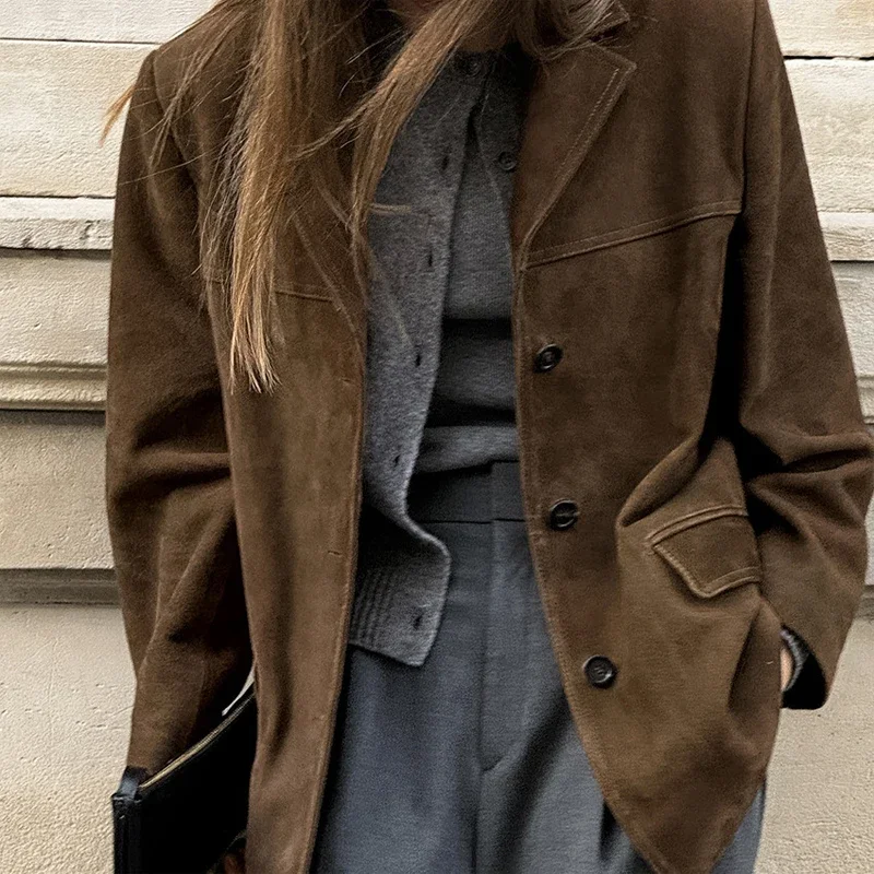 Women Brown Suede Loose Blazer Jacket Notched Collar Long Sleeve Button Cuff Outerwear female Office Commute Street Daily Outfit
