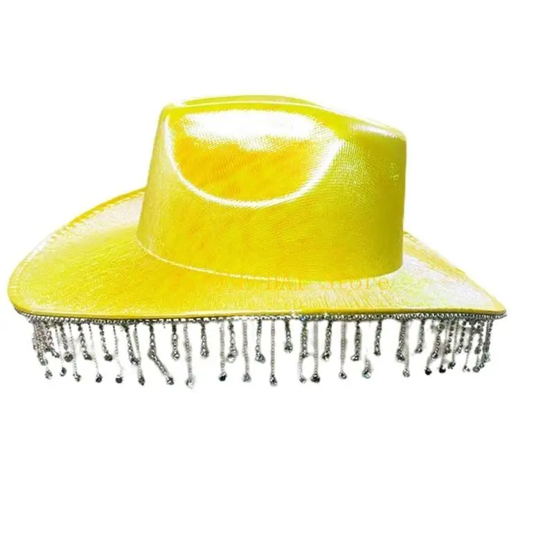 

49MF Неоновая ковбойская шляпа с кисточками, блестящая шляпа Fedora, сияющая для девичника