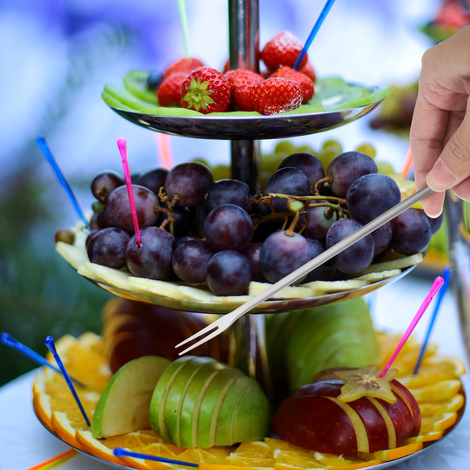 

2pcs Stainless Steel Fruit Forks Long Handle Two Teeth Dessert Cake Party Supplies Dual Head Food Picks Reusable Practical