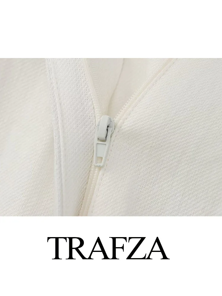 TRAFZA Pants For Women Summer Elegant Solid Zipper Casual Thin Pocket Button Decoration Women Pleated Street Wide-Leg Pant Mujer