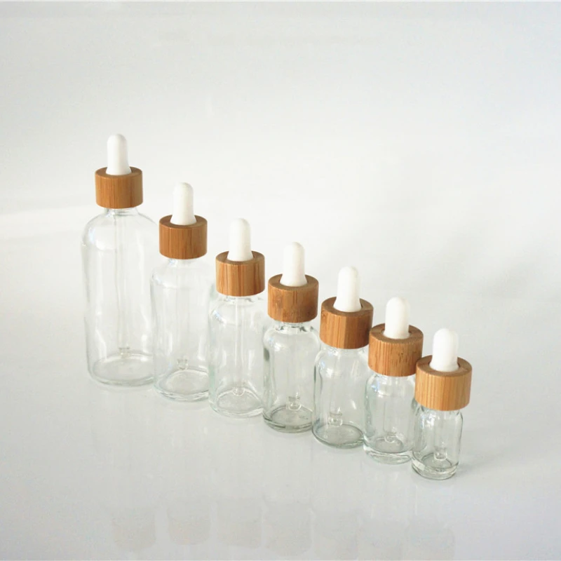 5/10/15/20/30/50/100ml Empty Clear Essential Oil Bottle GNatural Bamboo Cover White Rubber Head Dropper Cover Glass Containers