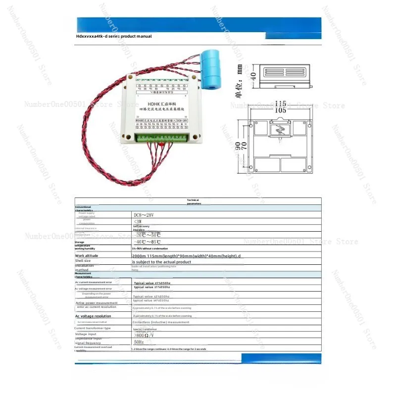 Quad PLC AC Voltage and Current Transmitter Voltage Mutual Inductance Acquisition Measurement Sensor Module 485